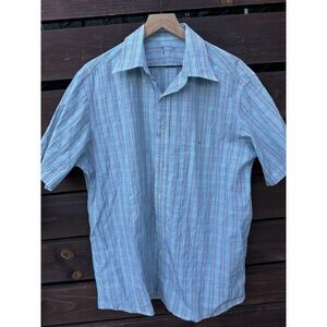 Lacoste Shirt Mens 38 Blue Plaid Cotton Short Sleeve Button Front Casual XL